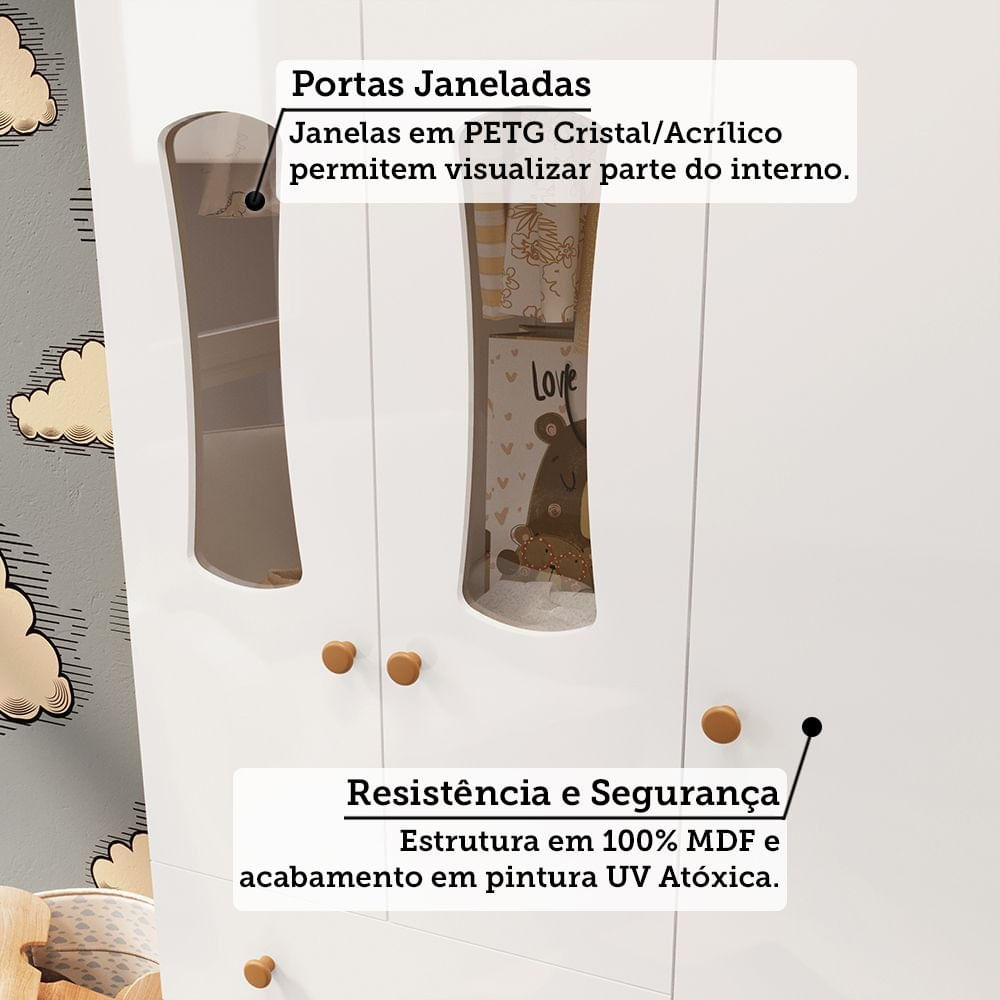 Encontraproduto.com.br - Quarto Infantil com Guarda-Roupa 3 Portas e Cômoda com Janelas 100% MDF Lana Espresso Móveis Branco Brilho/Amêndoa