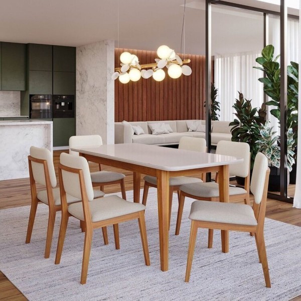 Conjunto Sala De Jantar 1 Mesa Tangará 160cm 6 Cadeiras Estofadas Miriti Cabecasa Madeiramadeira Off White Creme