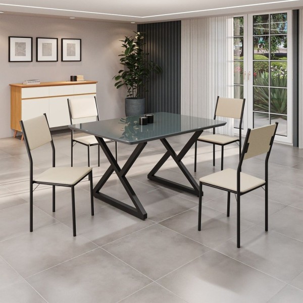 Conjunto Sala De Jantar Mesa 120x90cm Base Império Tampo Mdf Laca Com Vidro Florença Creme Preto