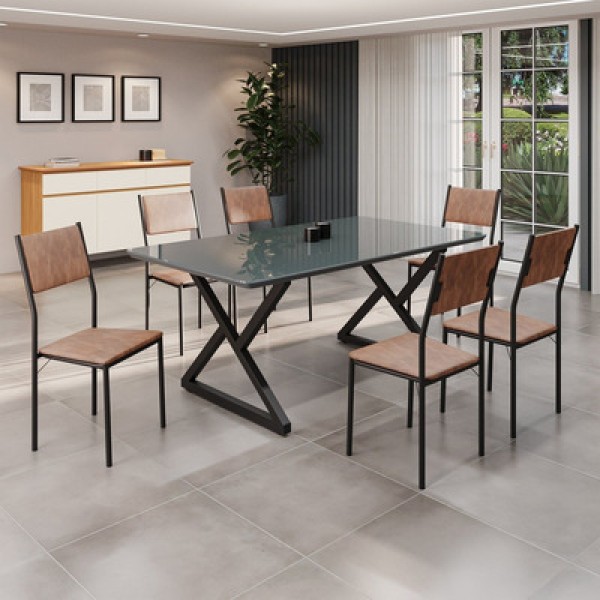 Encontraproduto.com.br - Conjunto Sala De Jantar Mesa 160x90cm Base Império Tampo Mdf Laca Com Vidro Florença Marrom Preto