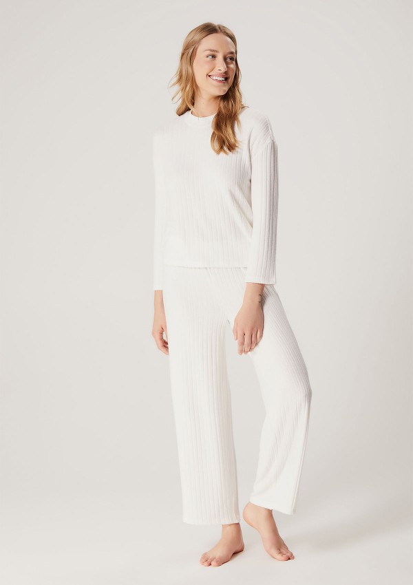 Pijama Feminino Longo Em Tricot Canelado - Off white