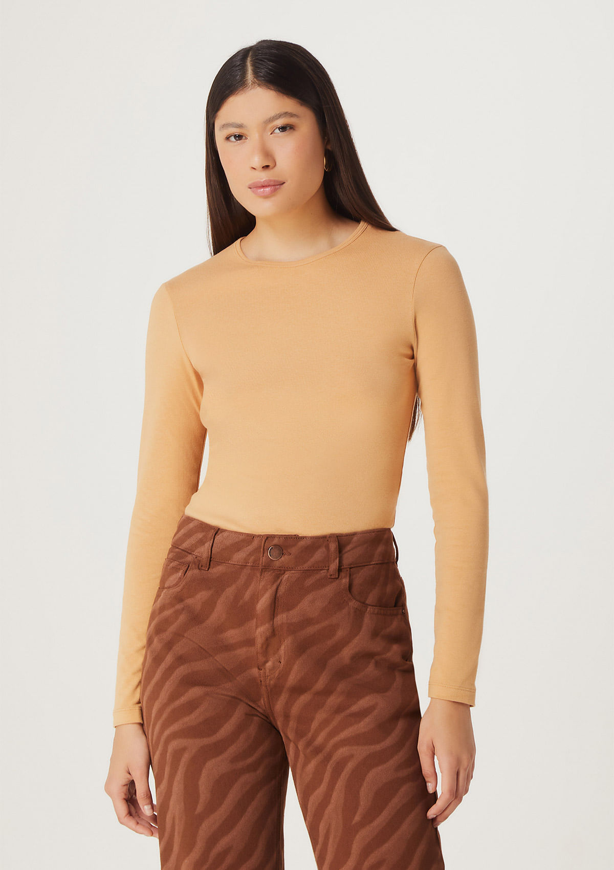 Blusa Básica Feminina Manga Longa Em Algodão - Bege