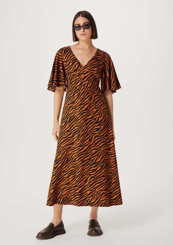 Encontraproduto.com.br - Vestido Midi Evasê Animal Print - Marrom