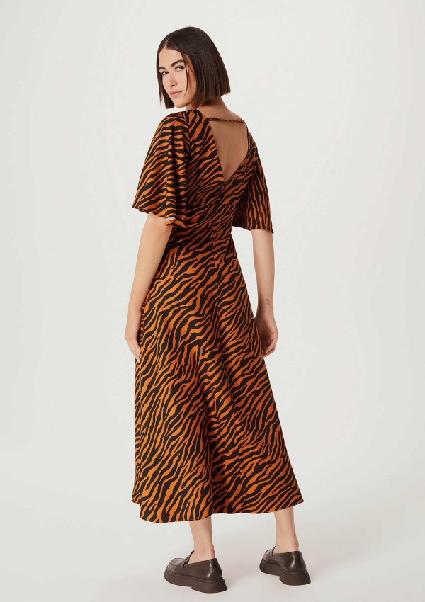 Encontraproduto.com.br - Vestido Midi Evasê Animal Print - Marrom