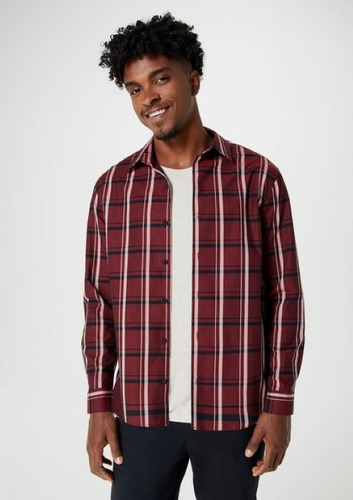 Camisa Masculina Manga Longa Xadrez Fio Tinto - Vermelho