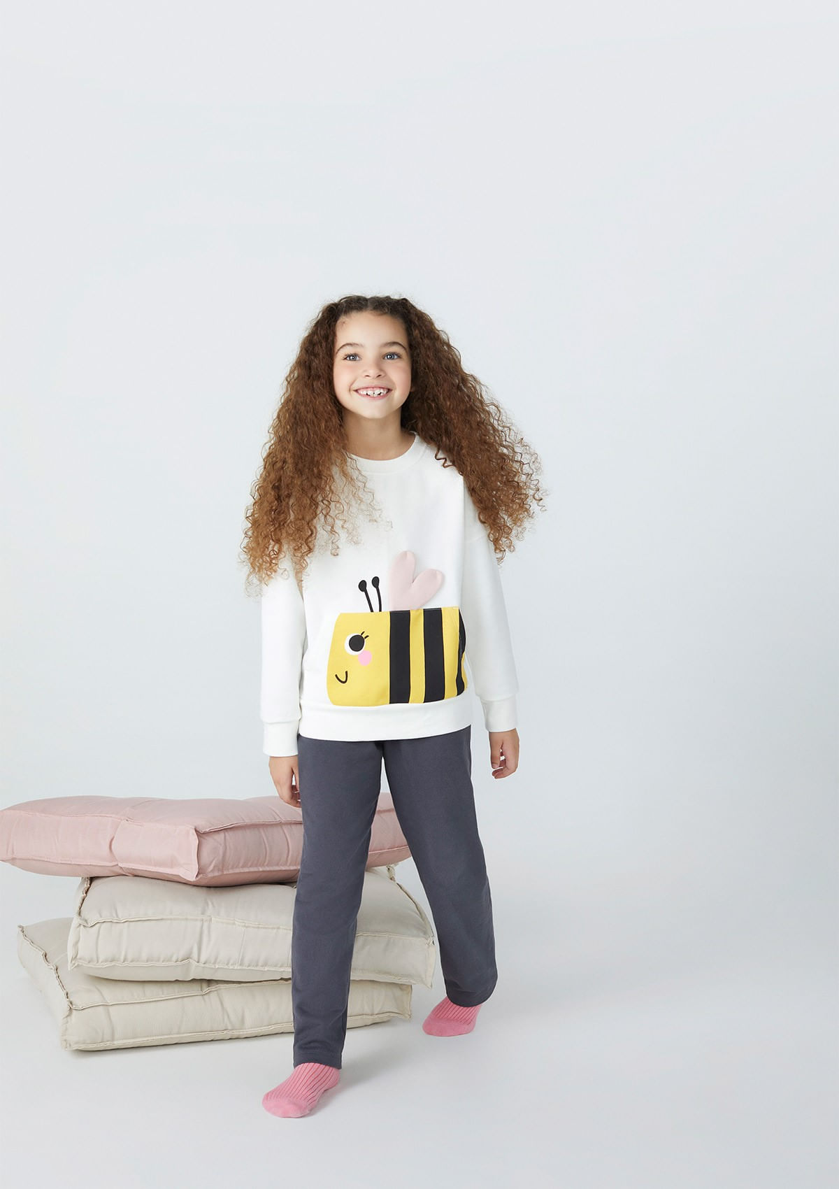 Pijama Infantil Menina Longo Interativo Em Moletom Peluciado - Off White