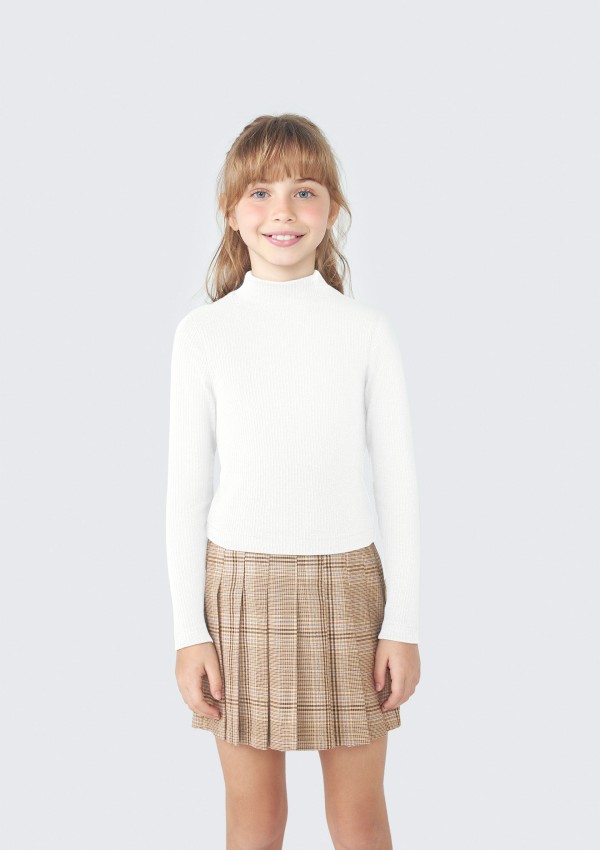 Blusa Básica Cropped Infantil Menina Manga Longa Em Ribana Canelada - Off white