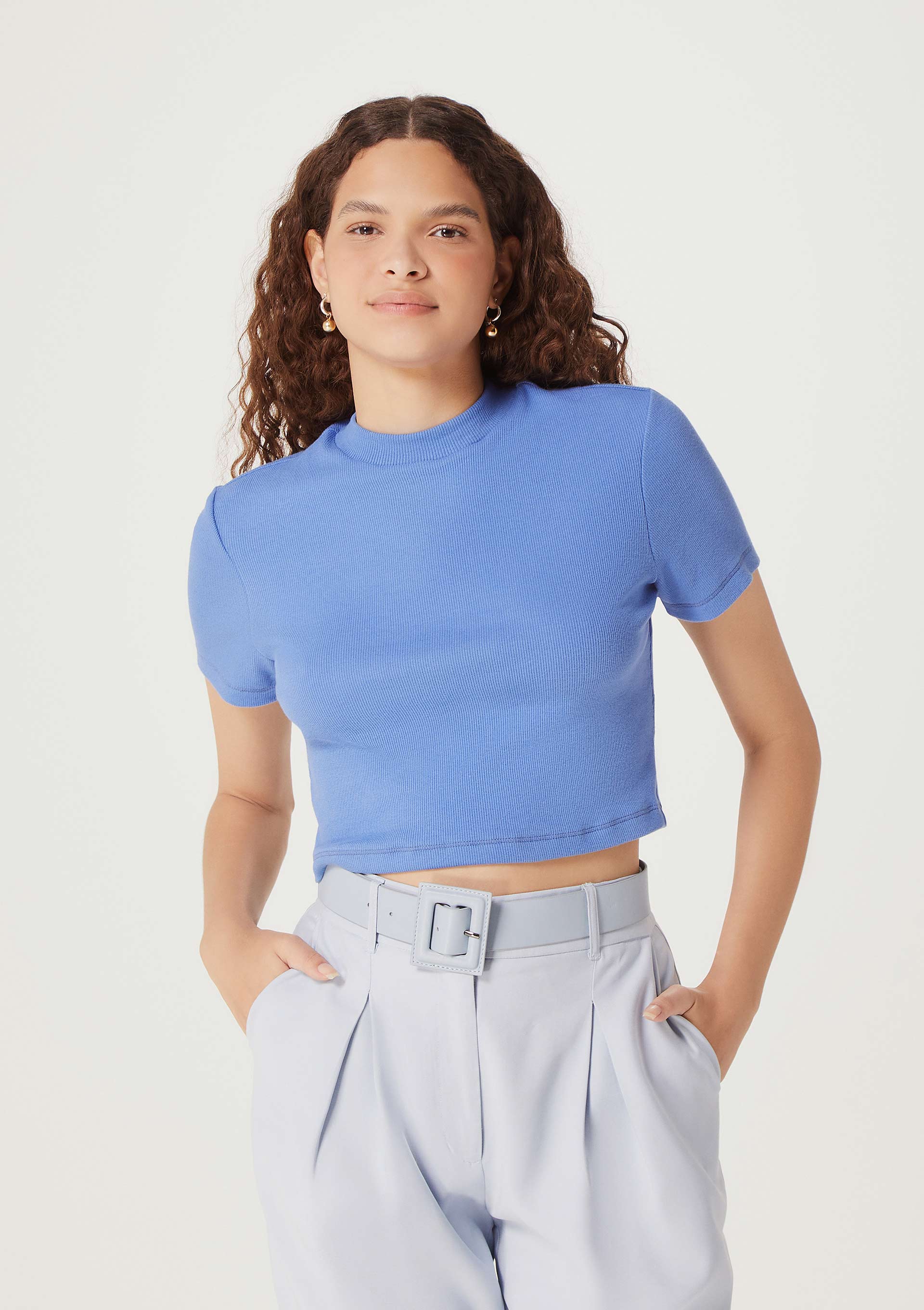 Blusa Cropped Feminina Manga Curta - Azul
