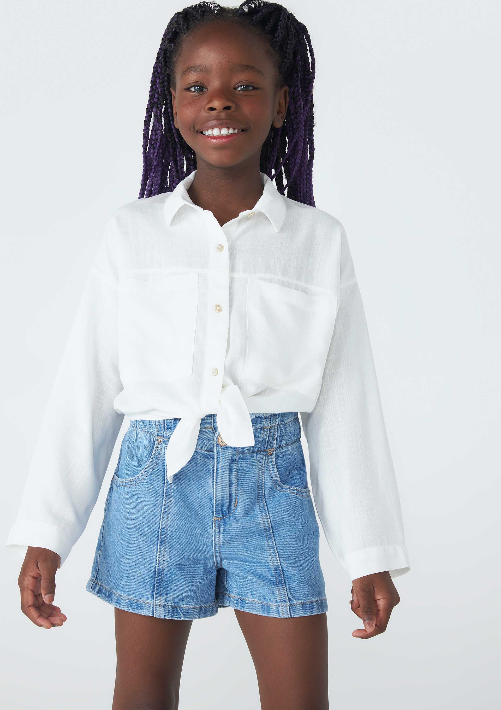Camisa Infantil Menina Manga Longa Com Bolsos - Off White