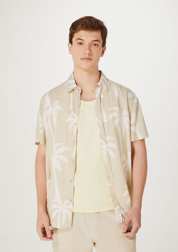 Camisa Masculina Manga Curta Comfort Estampada - Bege
