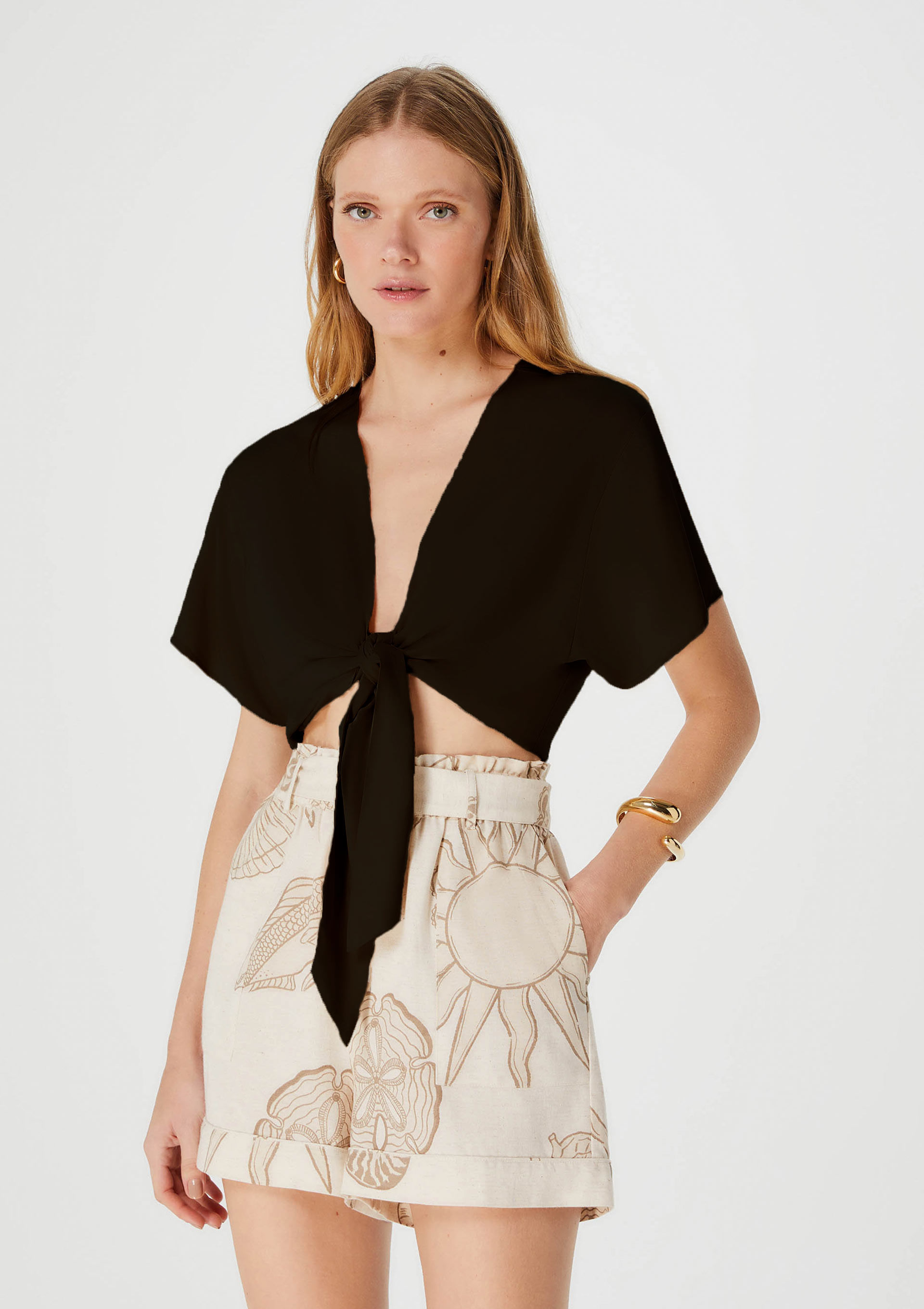 Blusa Cropped Feminina Com Amarração - Preto