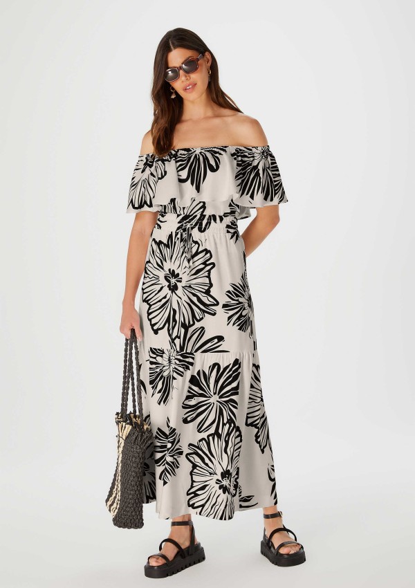 Encontraproduto.com.br - Saia Midi Floral Com Recortes - Off White