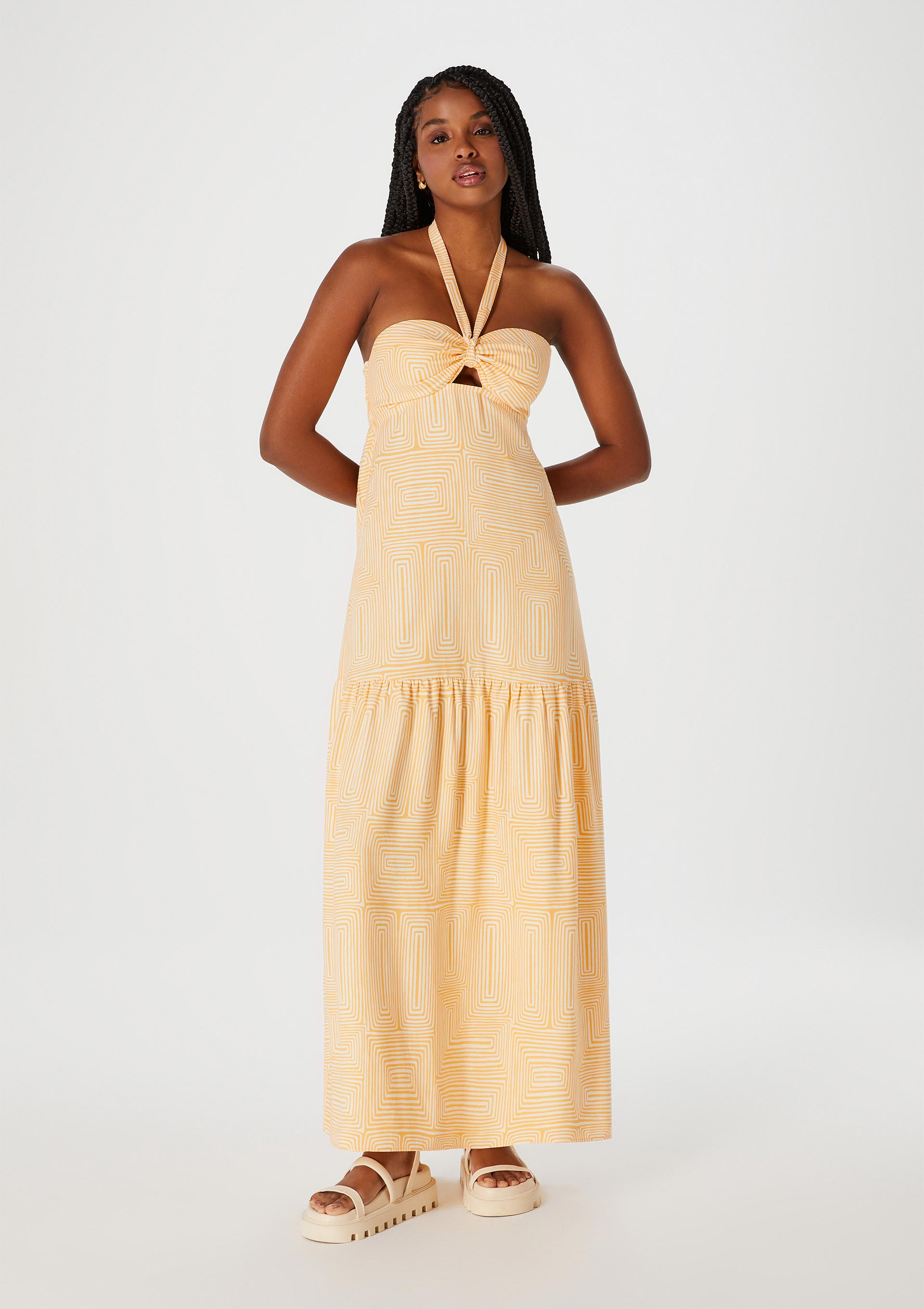 Vestido Longo Decote Coração Estampado - Laranja