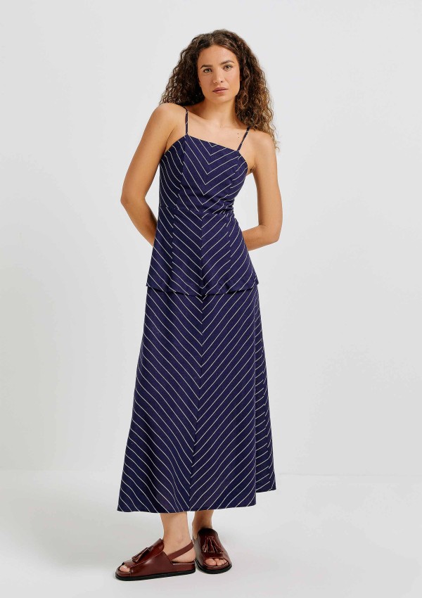 Encontraproduto.com.br - Vestido Midi Fio Tinto Em Tecido Rústico - Azul