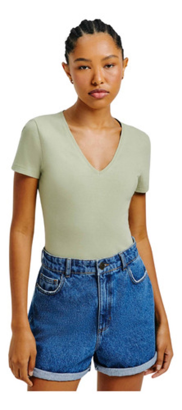 Blusa Básica Feminina Slim Decote V - Verde