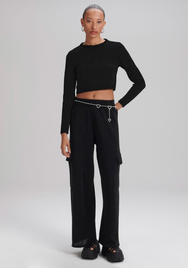 Calca Tricot Wide Leg Cintura Alta