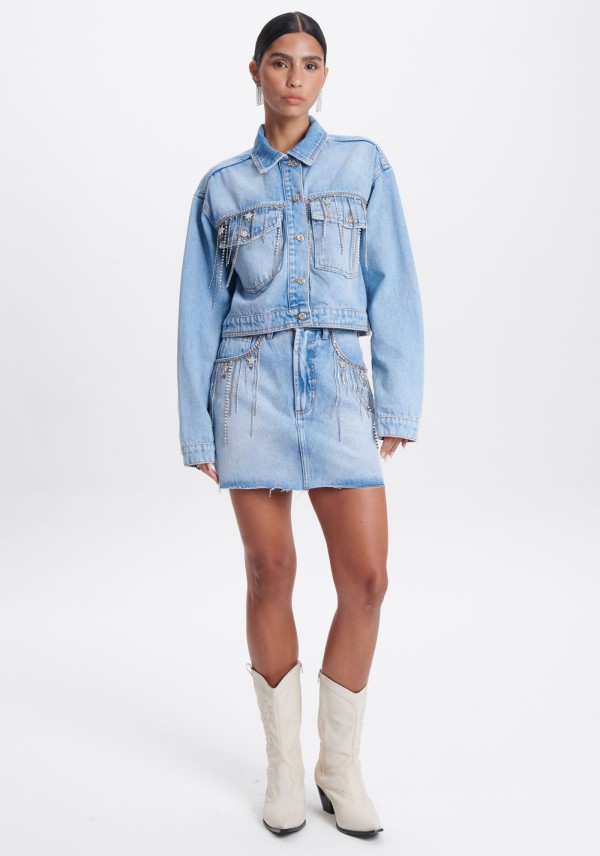 Encontraproduto.com.br - Jaqueta Trucker Jeans com Aplicações