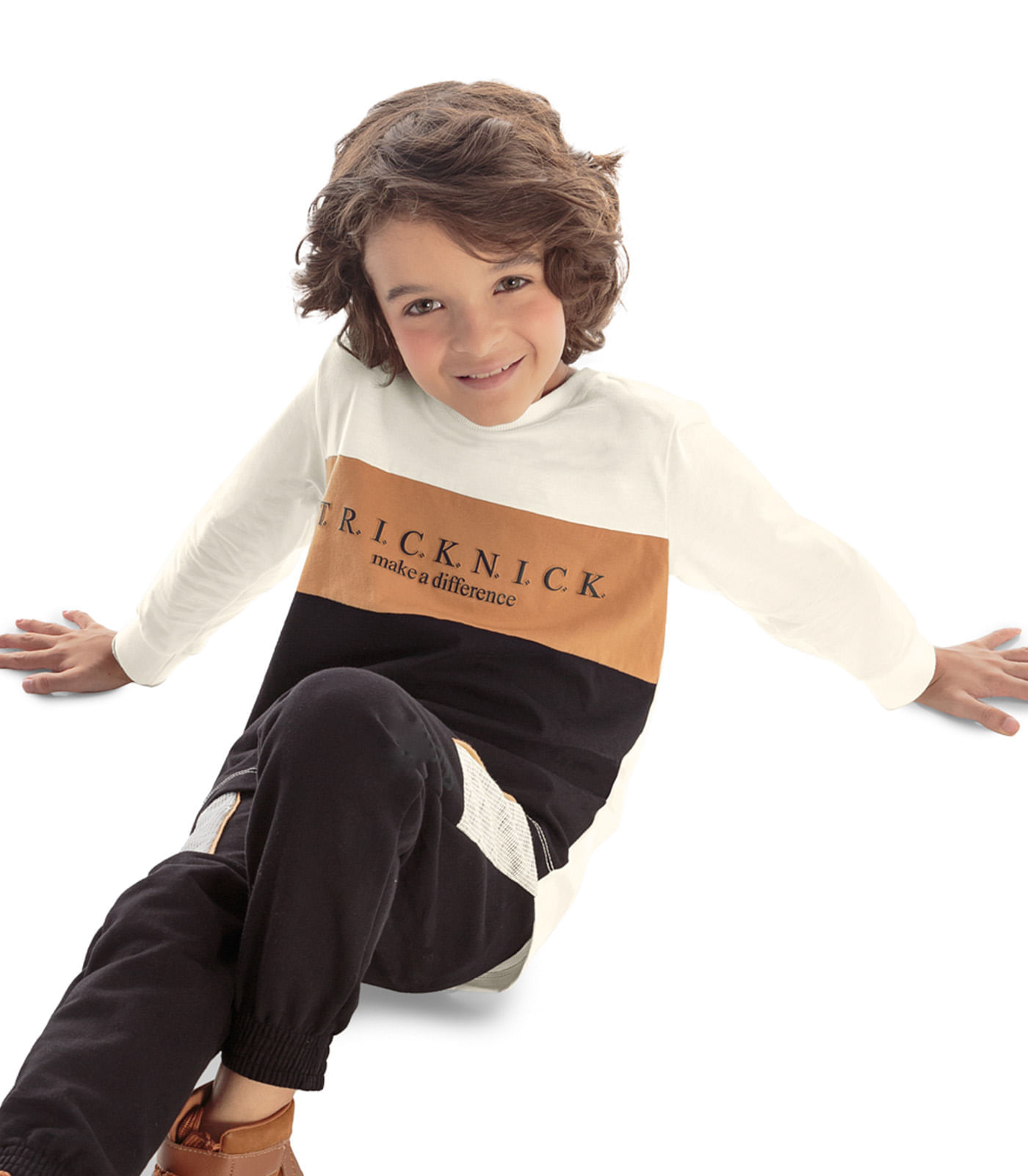 Camiseta Infantil Masculina Manga Longa Trick Nick Bege