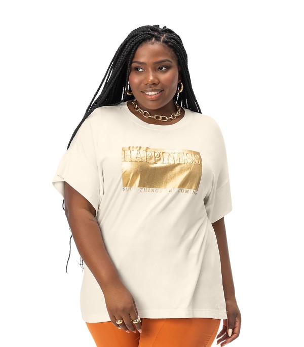Encontraproduto.com.br - Blusa Feminina Plus Size Gola Dupla Secret Glam Bege