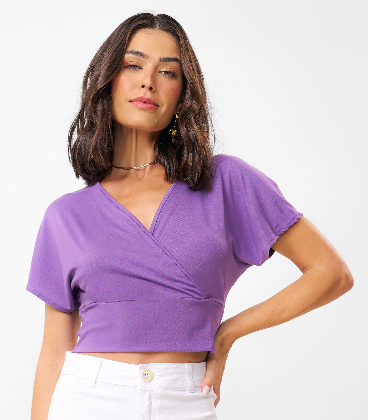 Encontraproduto.com.br - Blusa Cropped Com Decote V Malha Delicate Rovitex Roxo