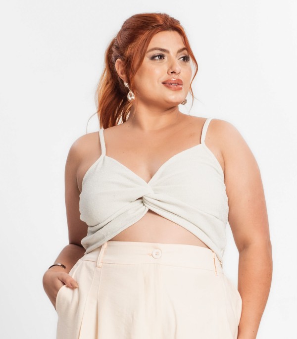 Encontraproduto.com.br - Blusa Cropped Feminina Plus Size Secret Glam Bege