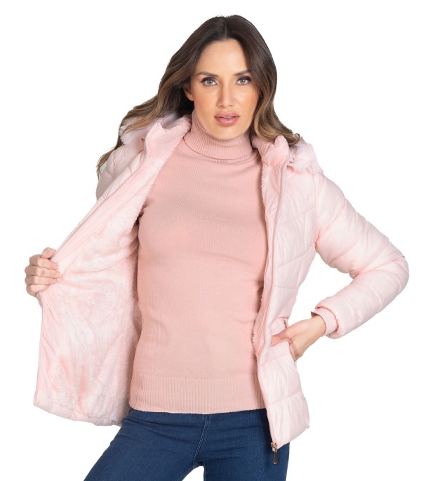 Encontraproduto.com.br - Jaqueta Puffer Feminina Com Capuz Select Rosa