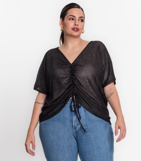 Encontraproduto.com.br - Blusa Plus Size Malha Screen Shiny Secret Glam Preto
