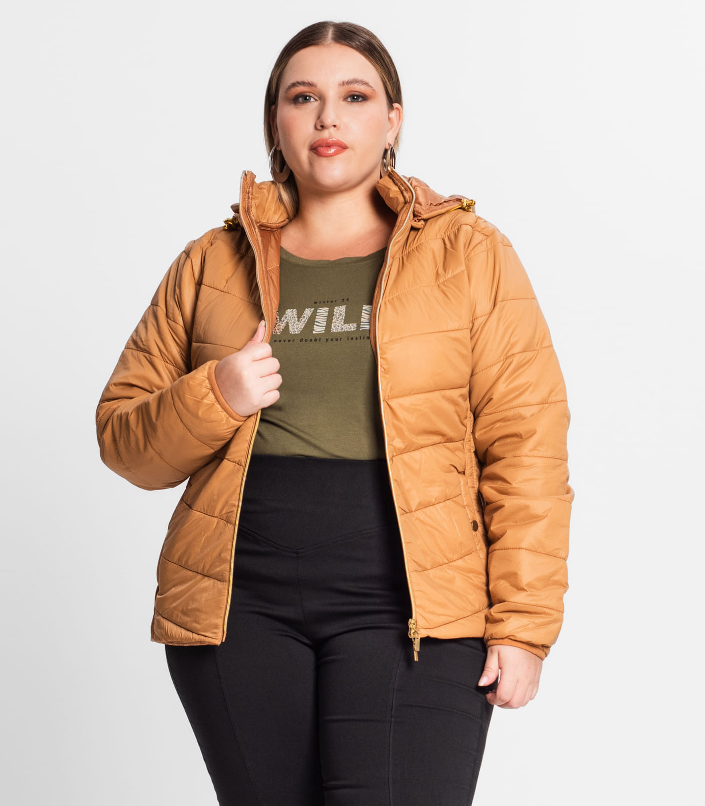 Encontraproduto.com.br - Jaqueta Com Capuz Plus Size Secret Glam Marrom