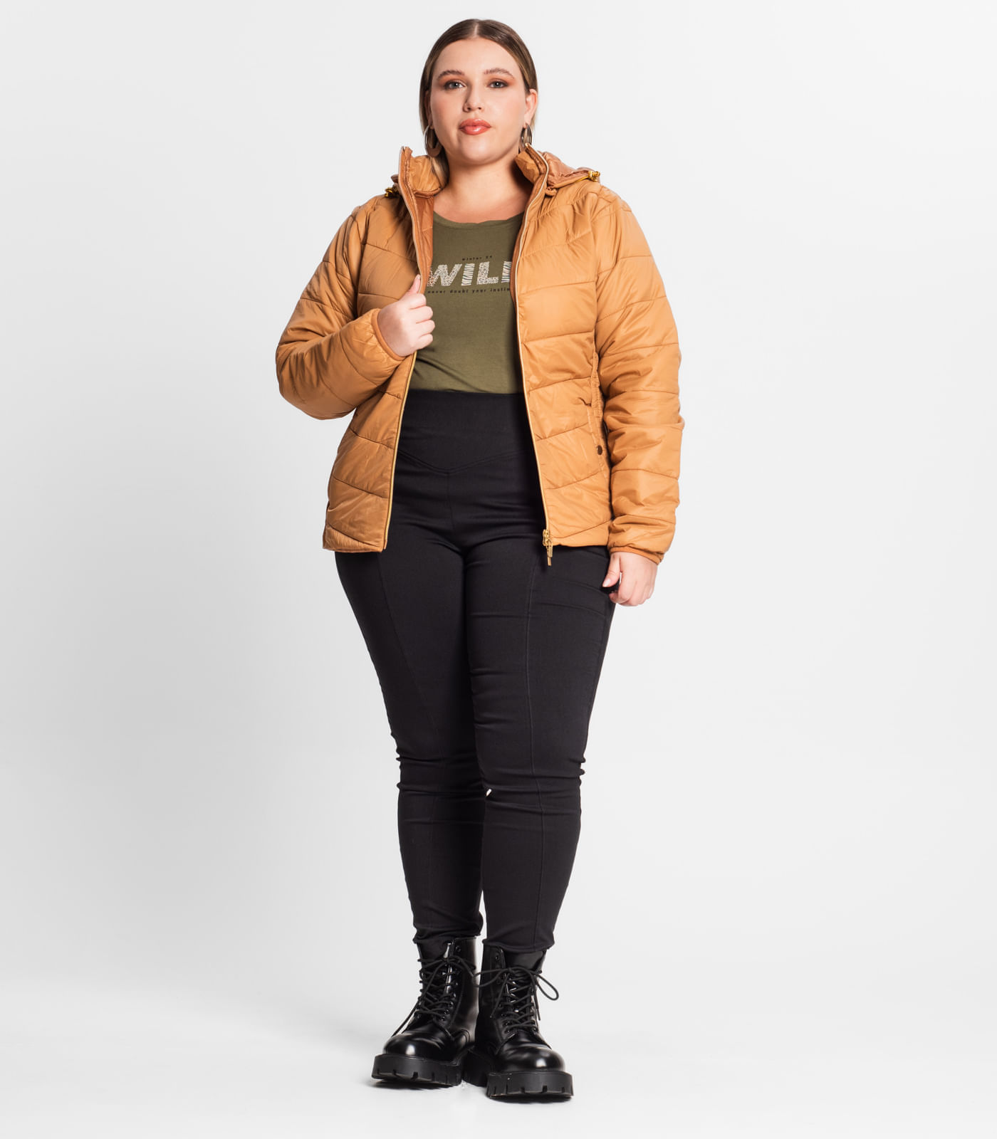 Encontraproduto.com.br - Jaqueta Com Capuz Plus Size Secret Glam Marrom