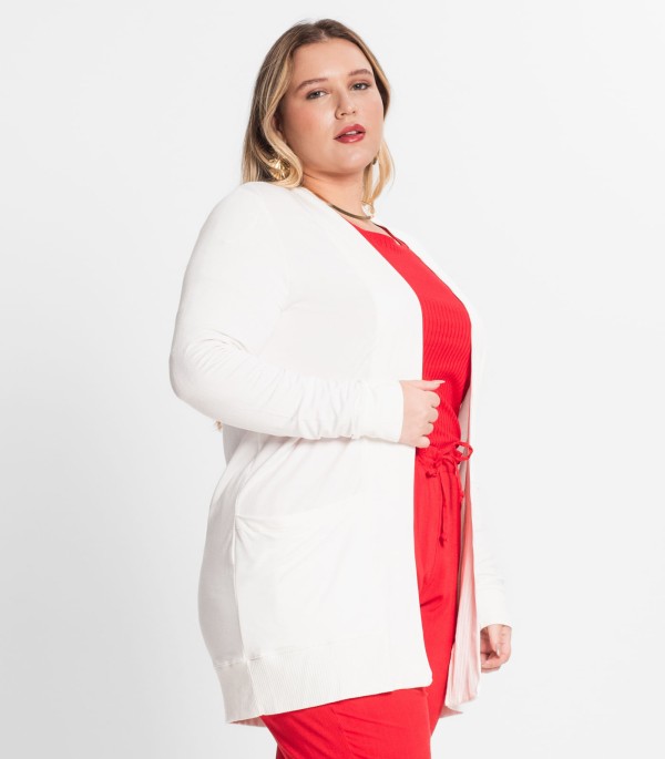 Encontraproduto.com.br - Cardigan Feminino Plus Size Secret Glam Bege
