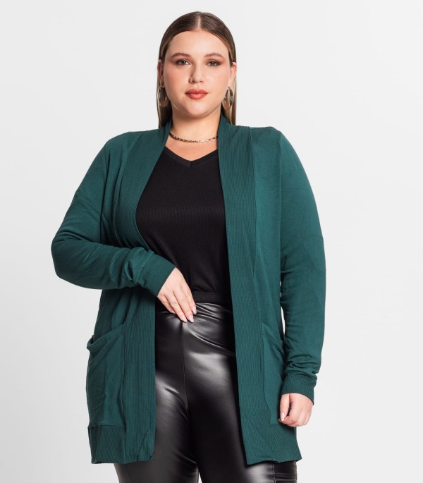 Encontraproduto.com.br - Cardigan Feminino Plus Size Secret Glam Verde