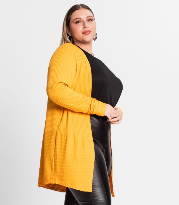 Encontraproduto.com.br - Cardigan Plus Size Em Ribana Canelada Secret Glam Amarelo