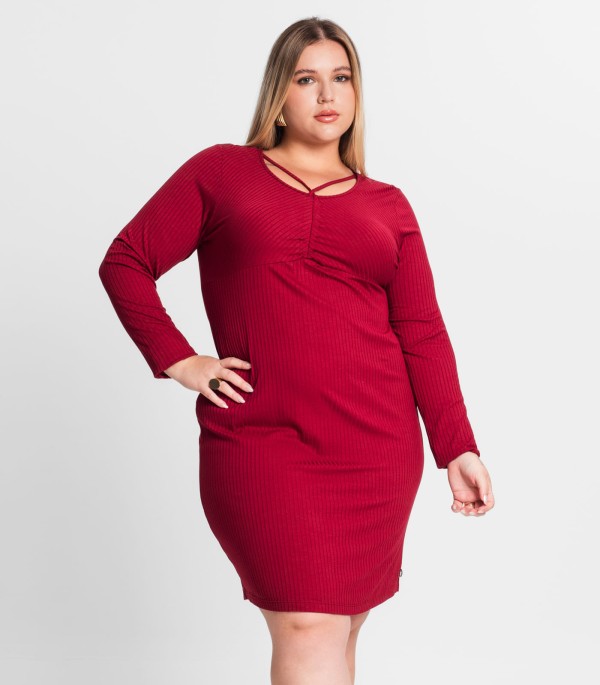 Encontraproduto.com.br - Vestido Plus Size Em Ribana Canelada Secret Glam Vermelho