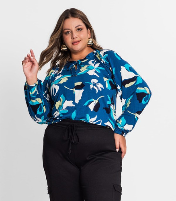 Encontraproduto.com.br - Blusa Estampada Manga Longa Plus Size Secret Glam Azul