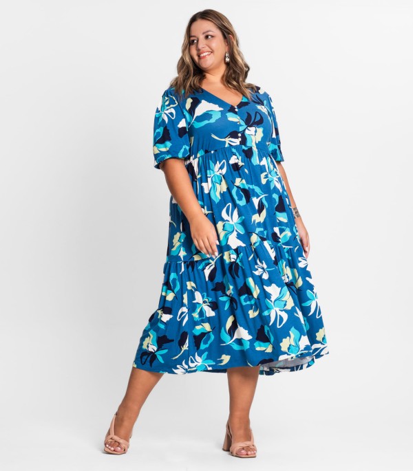 Encontraproduto.com.br - Vestido Midi Estampado Plus Size Secret Glam Azul