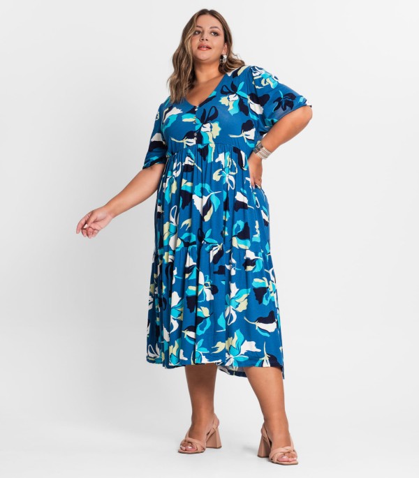 Encontraproduto.com.br - Vestido Midi Estampado Plus Size Secret Glam Azul