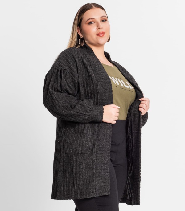 Encontraproduto.com.br - Cardigan Plus Size Em Canelado Tricot Secret Glam Preto