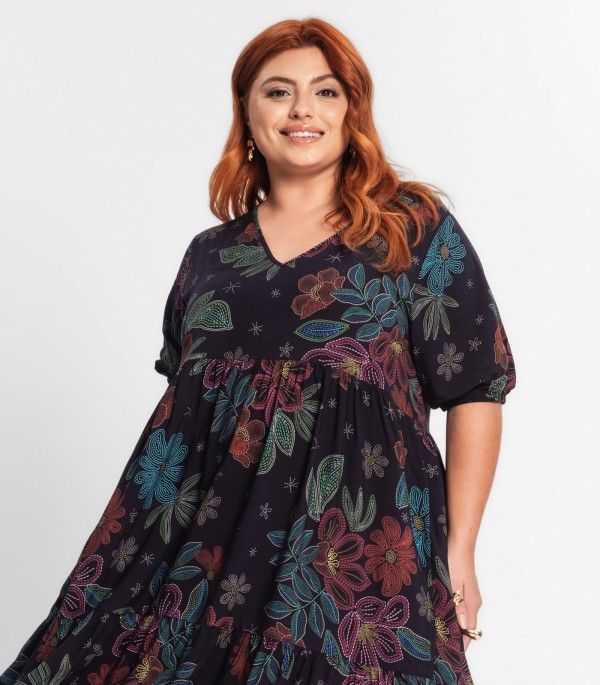 Encontraproduto.com.br - Vestido Midi Feminino Plus Size Secret Glam Preto