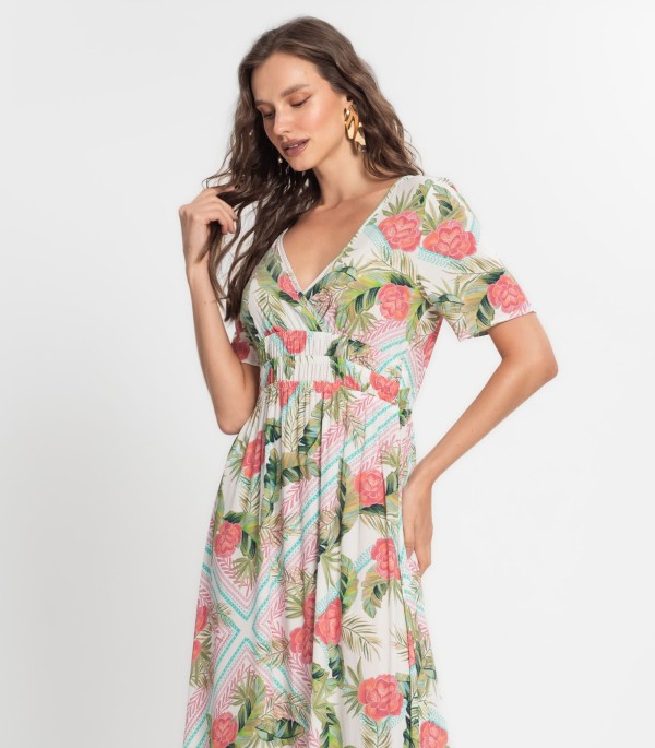 Encontraproduto.com.br - Vestido Feminino Estampado Com Decote Em V Endless Bege
