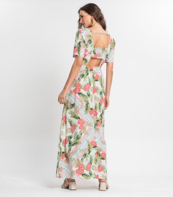 Encontraproduto.com.br - Vestido Feminino Estampado Com Decote Em V Endless Bege