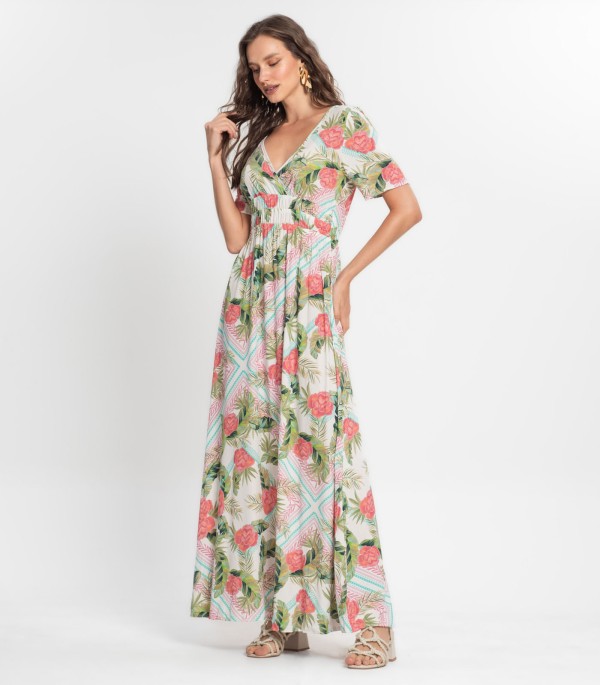 Encontraproduto.com.br - Vestido Feminino Estampado Com Decote Em V Endless Bege