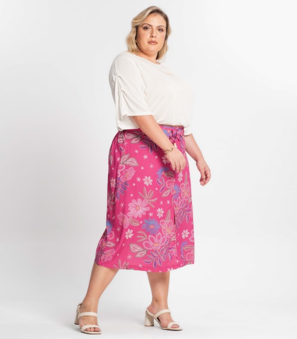 Encontraproduto.com.br - Saia Midi Feminina Plus Size Secret Glam Rosa