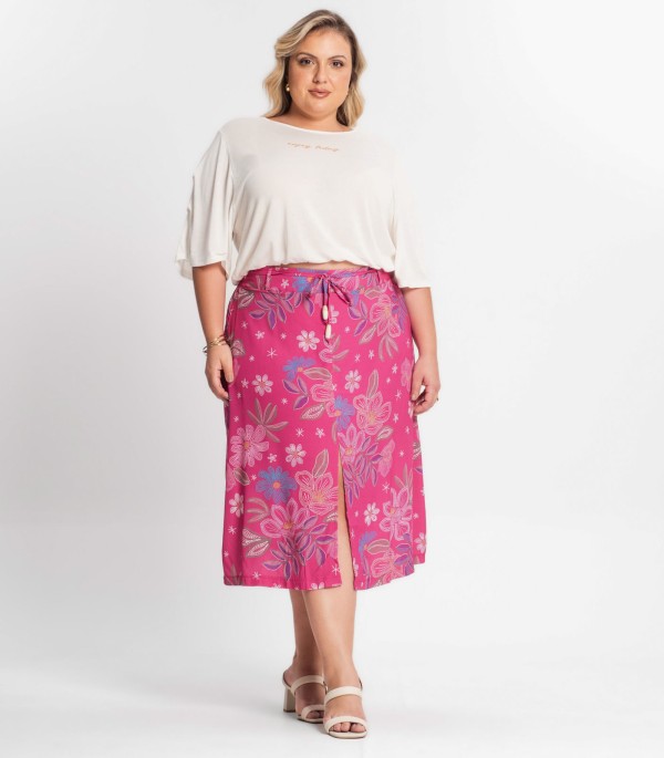 Encontraproduto.com.br - Saia Midi Feminina Plus Size Secret Glam Rosa