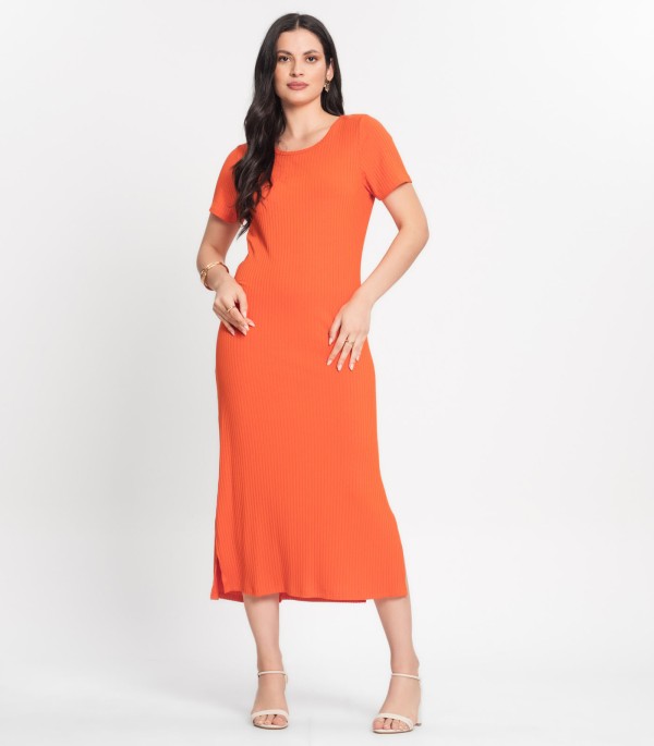 Encontraproduto.com.br - Vestido Feminino Midi Canelado Select Laranja