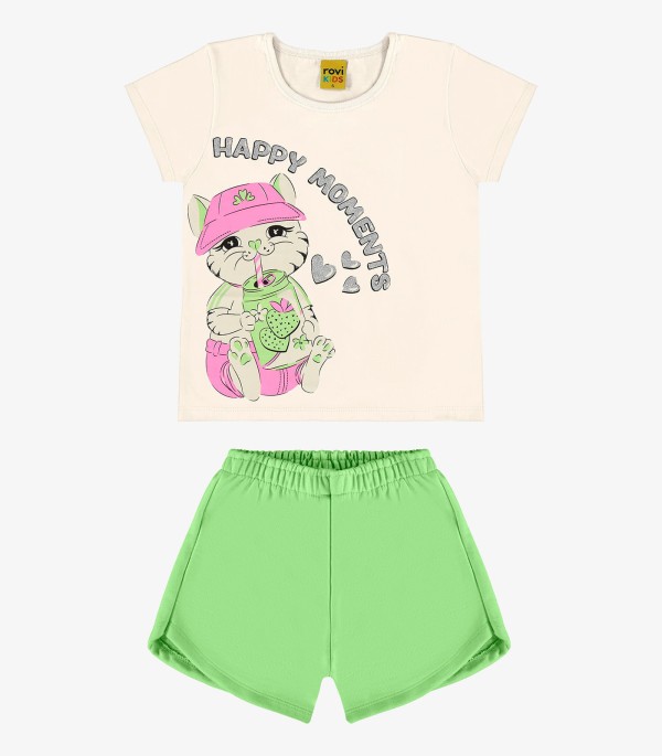 Encontraproduto.com.br - Conjunto Blusa Estampa De Gato E Shorts Rovi Kids Bege