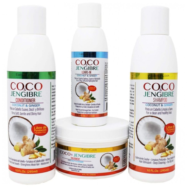 Encontraproduto.com.br - Kit de Tratamento para Cabelos Crespos o Crescimento e Hidrata com Gengibre e Coco, 4 Peças, EASY LOOK, Branco