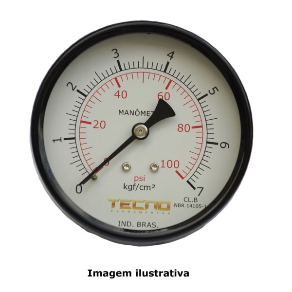 Encontraproduto.com.br - Manômetro Caixa Aço Carbono Interno de Latão Ø100mm Classe B Escala Dupla 0 a 7kg/cm² (100Psi) Rosca 1/2