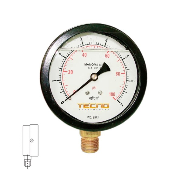Encontraproduto.com.br - Manômetro Caixa Aço Carbono Interno de Latão Glicerinado Ø100mm Classe B Escala Dupla 0 a 16kgf/cm² Rosca 1/2