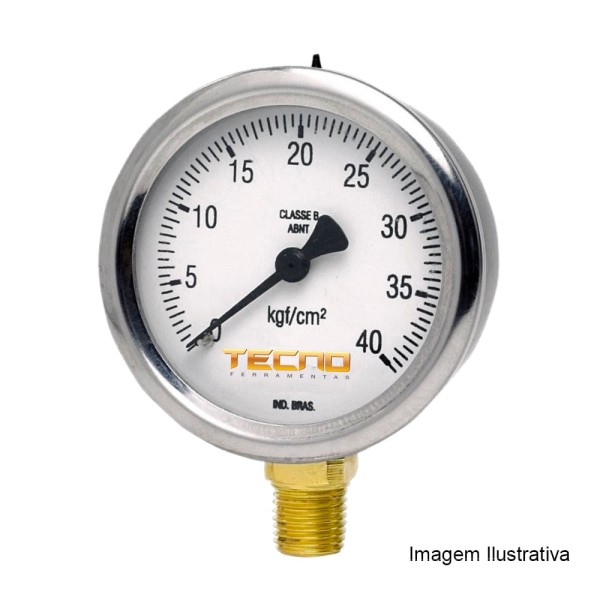 Encontraproduto.com.br - Manômetro Caixa Aço Inox Interno de Latão Ø50mm Classe B Escala Dupla 0 a 250kgf/cm² Rosca 1/8