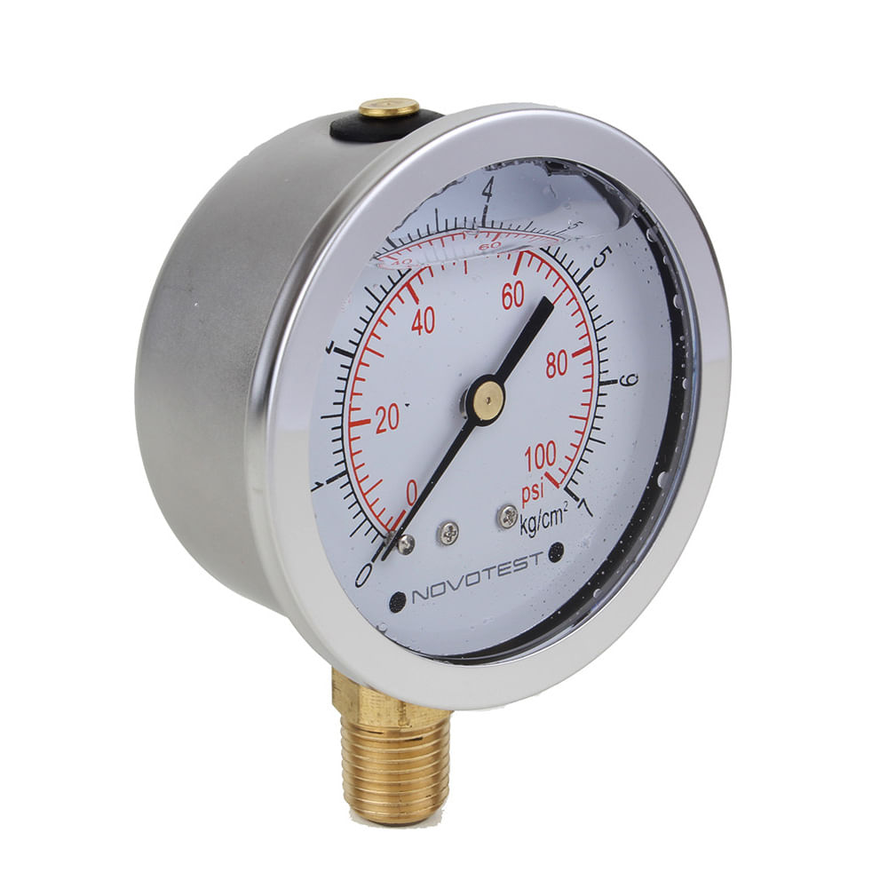 Encontraproduto.com.br - Manômetro Caixa Aço Inox Interno de Latão Glicerinado Ø63mm Classe B Escala Dupla 0 a 7kgf/cm² Rosca 1/4
